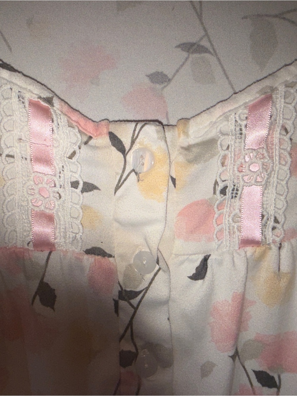 Floral Lace-Trim Nightgown - White with Pink & Yellow Flowers - Picture 3 of 6